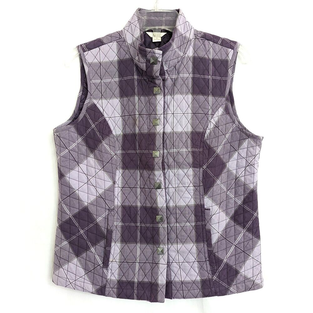 Christopher & Banks Purple Plaid Quilted Vest Size M Cotton Snap Button Lined